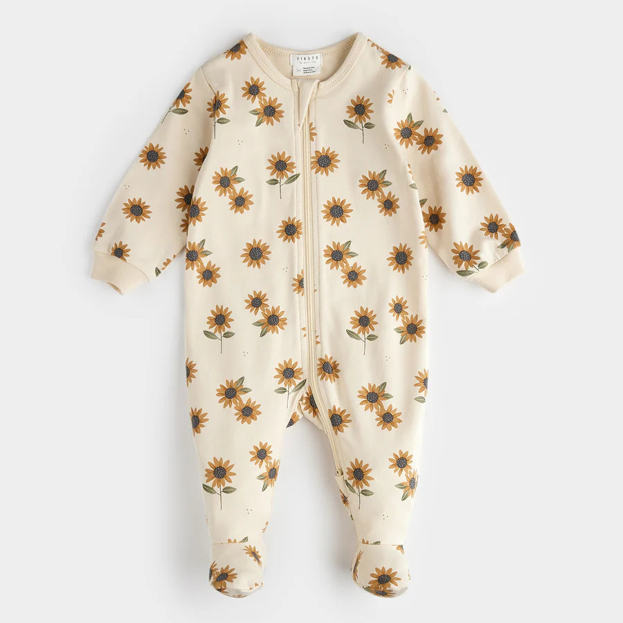 Sunflower Print Baby Sleeper: Antique White