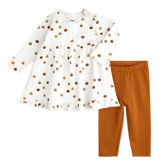 Pumpkin Print Modal Rib Baby Dress Set: Off white