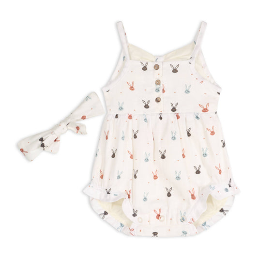 Mini Bunnies Strap & Ruffle Short Baby Romper + Headband Set