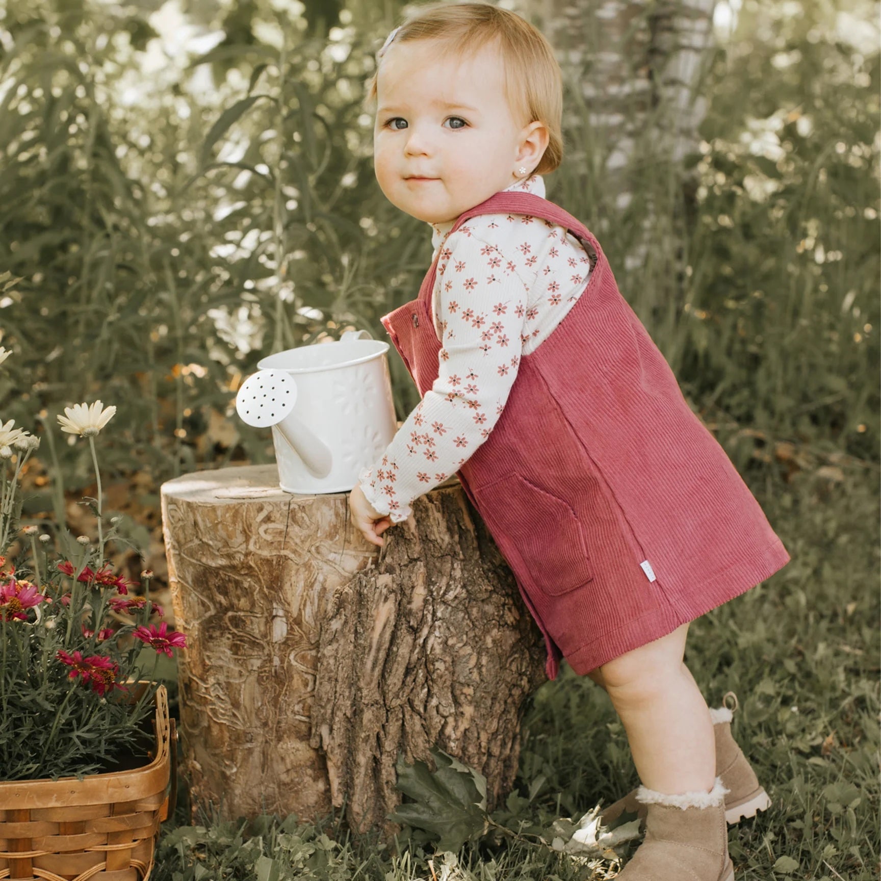 Raspberry Corduroy Overall Baby Dress Set