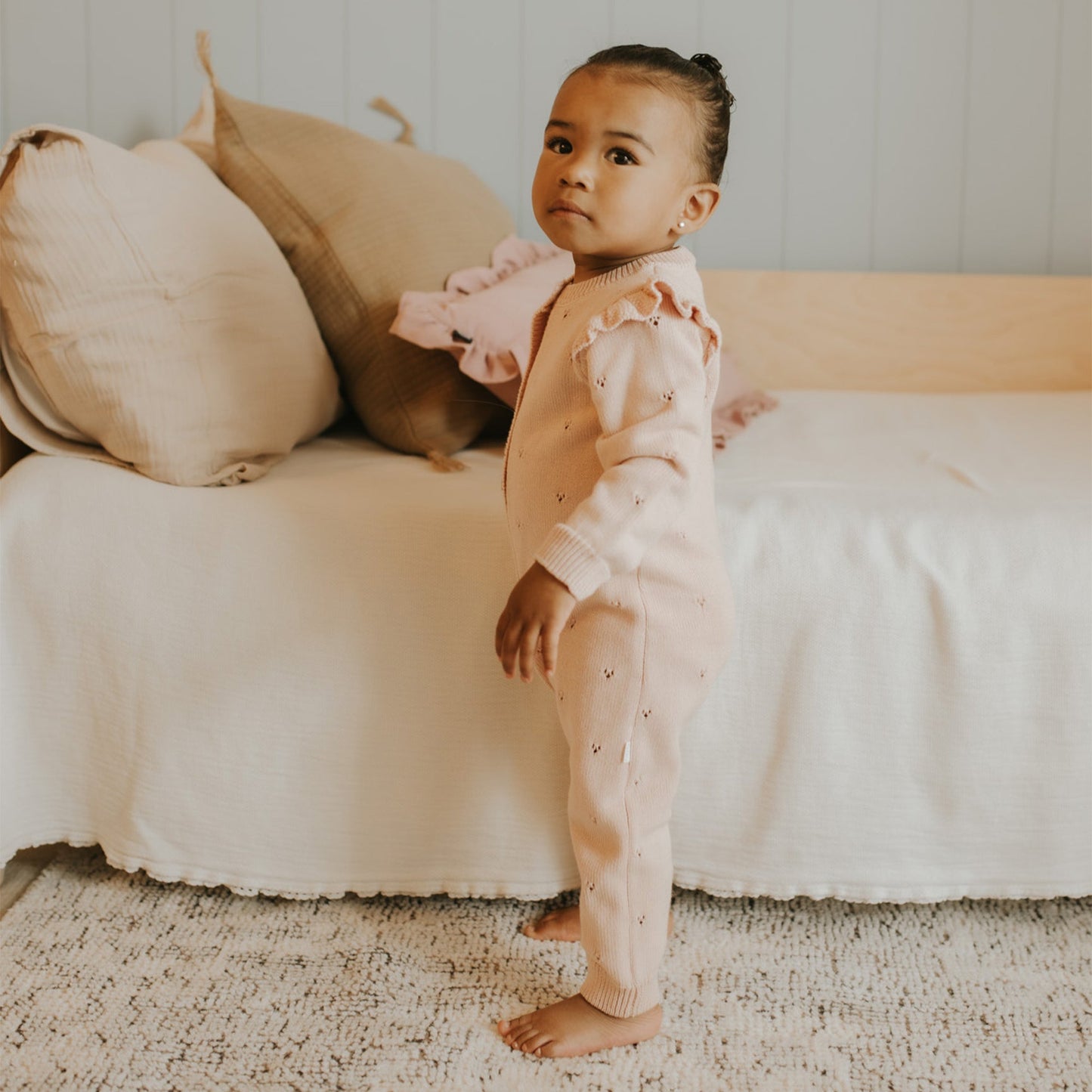 Peony Pointelle Knit Baby Playsuit: Light Pink