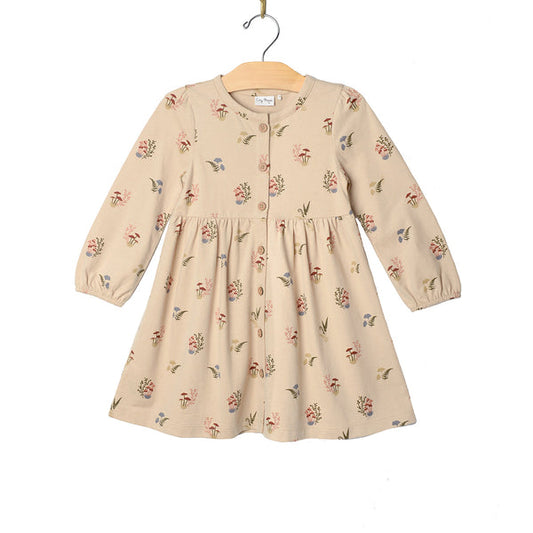 Girls Button Down Combed Jersey Dress: Mushrooms