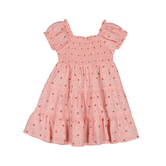 Smocked Embroidered Dots Dress- Salmon