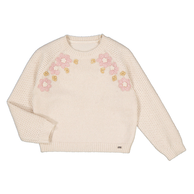 Girls Embroidered Flowers Sweater- ginger