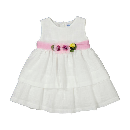 Floral Sash Linen Dress- Blanco