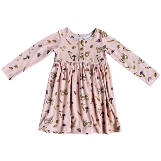 Long Sleeve Henley Baby Dress: Butterflies & Mushrooms