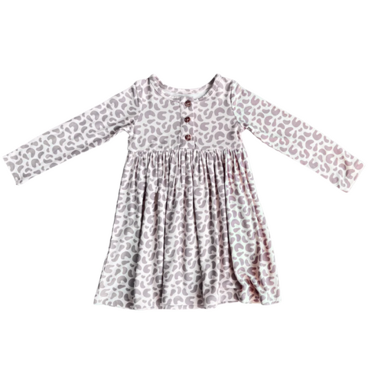 Long Sleeve Henley Baby Dress: Lilac Leopard