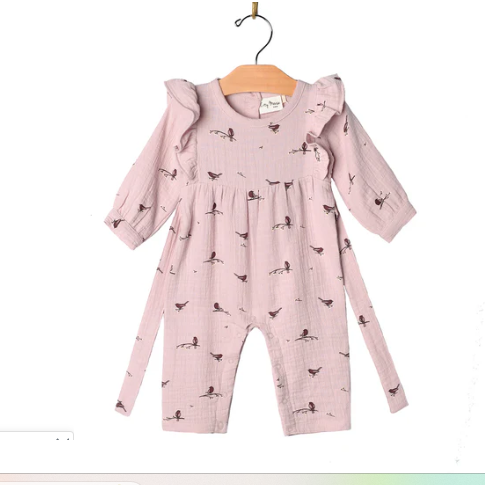 Flutter Sleeve Long Leg Baby Romper- Muslin: Lavender Birds