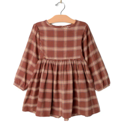 Girls Puff Sleeve Dress- Flannel: Rust