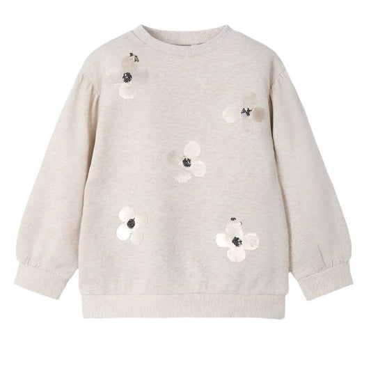 Girls Sequin Flower Sweatshirt- heather stone