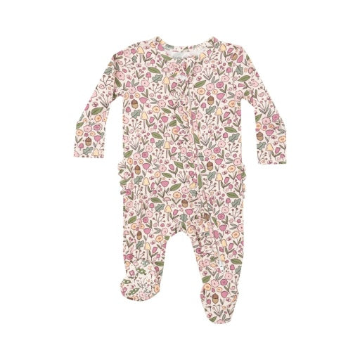 Acorn Floral - 2 Way Ruffle Zipper Baby Footie: Pink