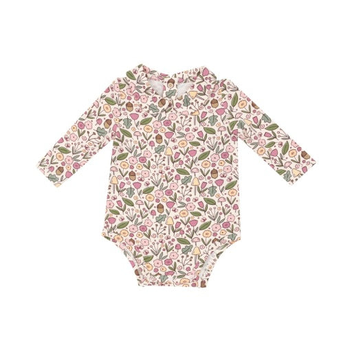 Acorn Floral - Peter Pan Collar Baby Bodysuit: Pink