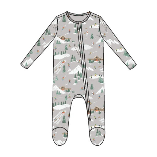 Winter Fun Skiers - 2 Way Zipper Baby Footie: Grey