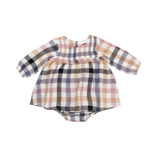 Harvest Plaid - L/S Smocked Ruffle Baby Bubble W/ Skirt: Plaid