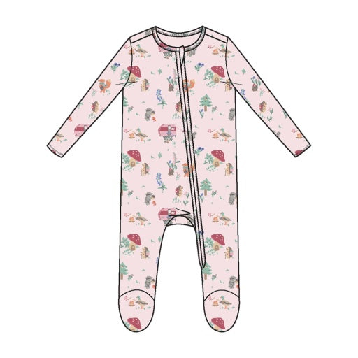 Cute Animal Campers - 2 Way Zipper Ruffle Back Baby Footie: Pink