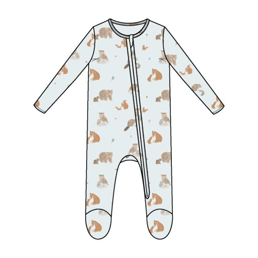 Mixed Woodland Animals Blue - 2 Way Zipper Baby Footie: Light Blue