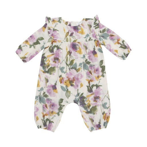 Watercolor Rose - Ruffle Sleeve Baby Romper W/ Crochet Trim: Purple