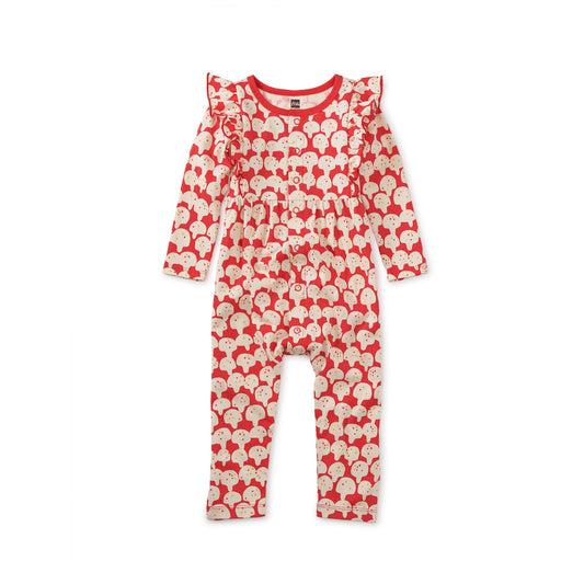 Snap Front Ruffle Baby Romper: Spotted Mushrooms