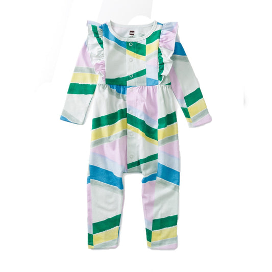 Snap Front Ruff Romper: Northern Lights Chevron